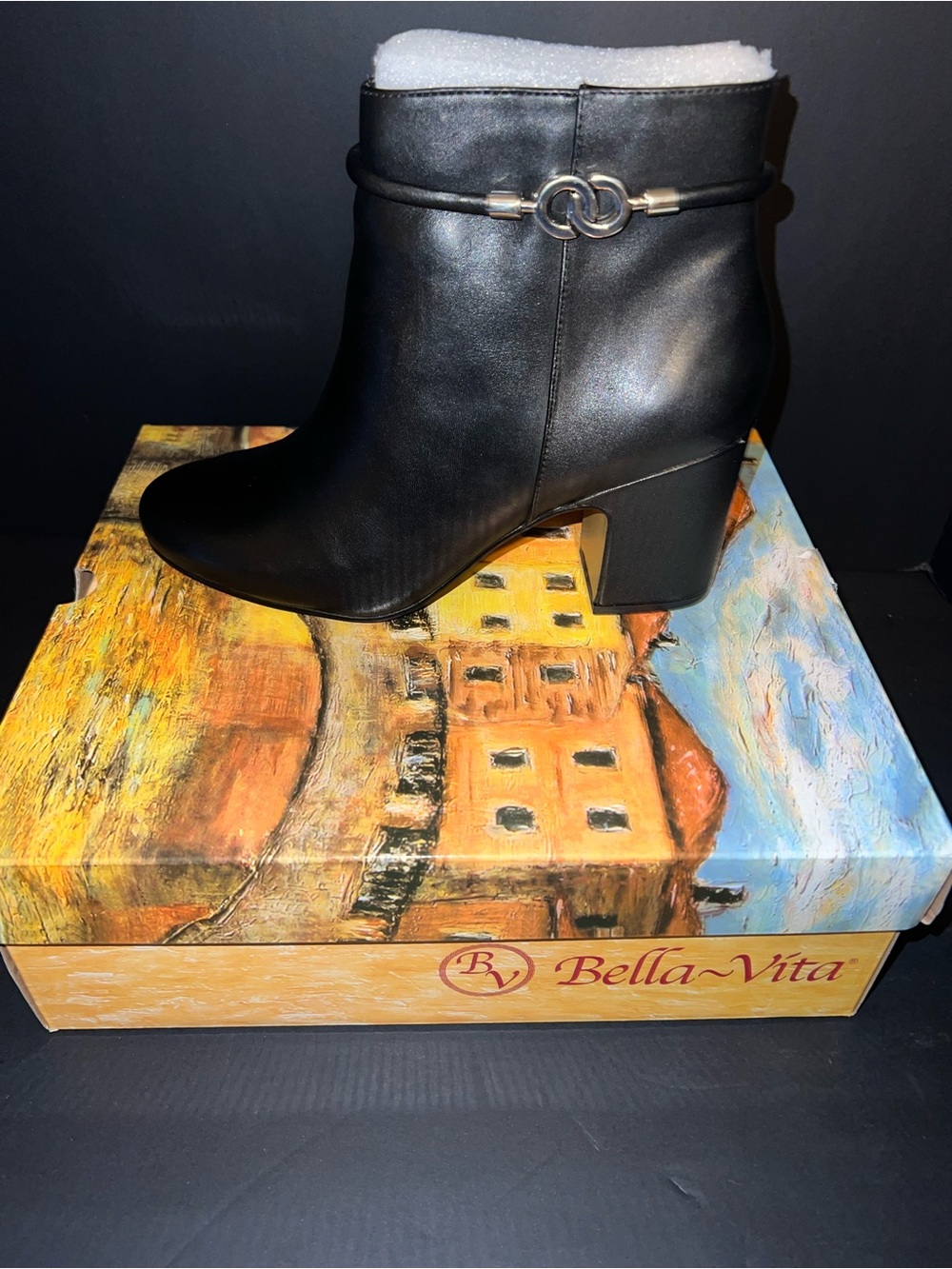 Bella Vita Black Leather Ankle Boots with Silver Accent